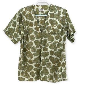 Vintage Shirt Paisley Print Retro Green VTG MCM Short Sleeve Top Mens Size Small
